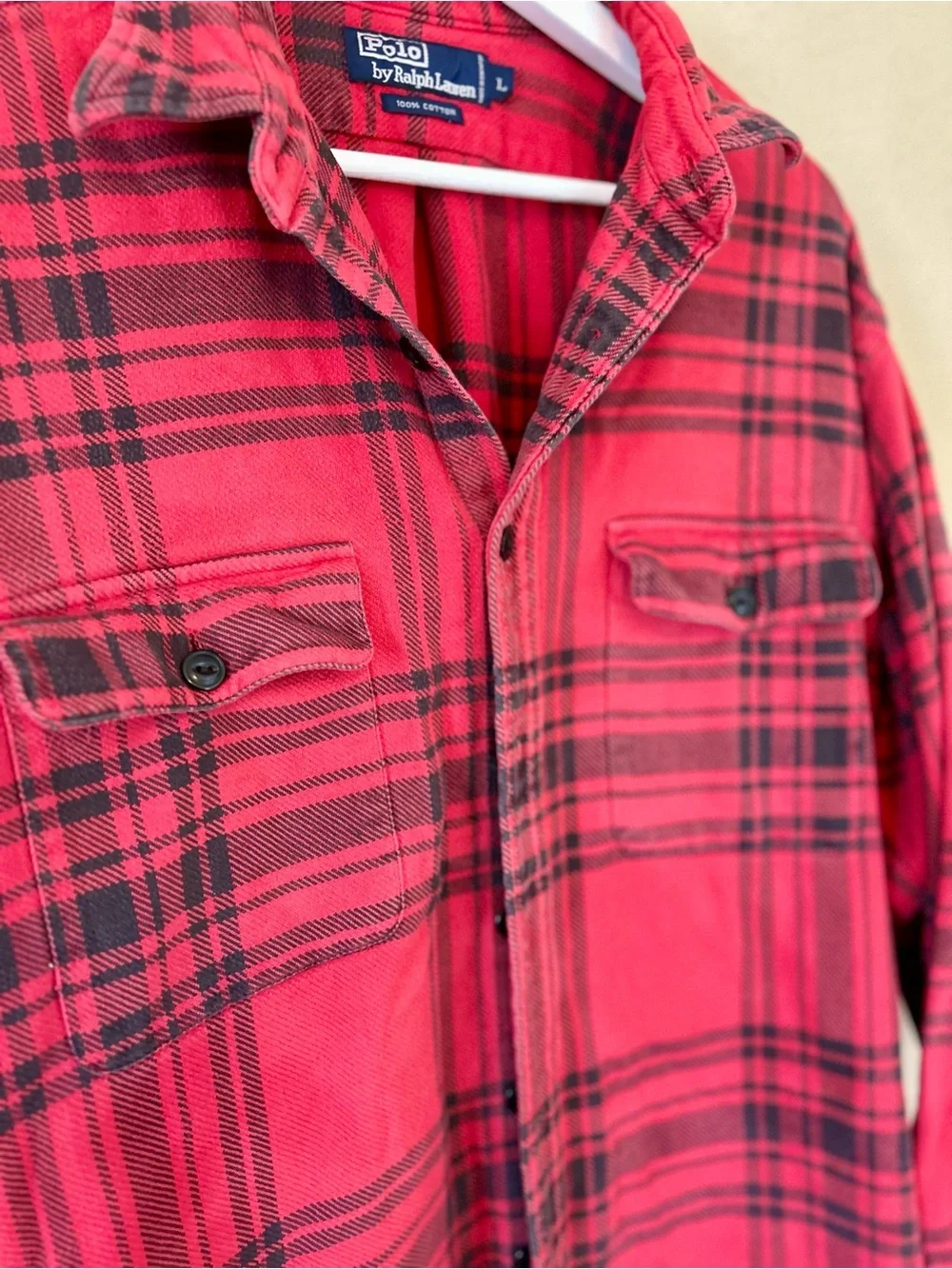 Polo by Ralph Lauren Red Plaid Flannel Shirt L Cotton Cabin Lumberjack Fall